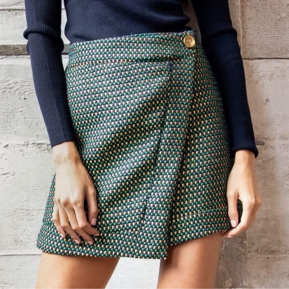 Eva Franco - Fern Dot Mini Tweed Gold Green Faux Wrap Asymmetrical Mini Skirt - Picture 2 of 10